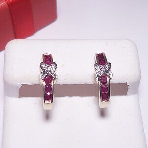 Estate .42ctw Natural Rd Ruby & Diamond channel 14Kt Y/Gold J Hoop Earrings23361